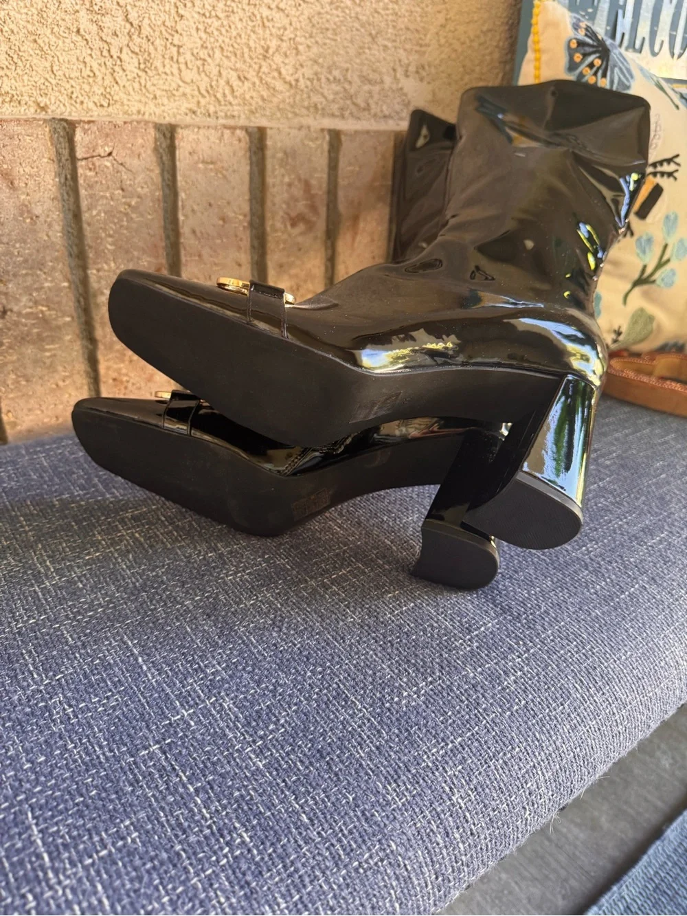 Jeffrey Campbell Black Patent Over-the-Knee Boots with Gold Bit
